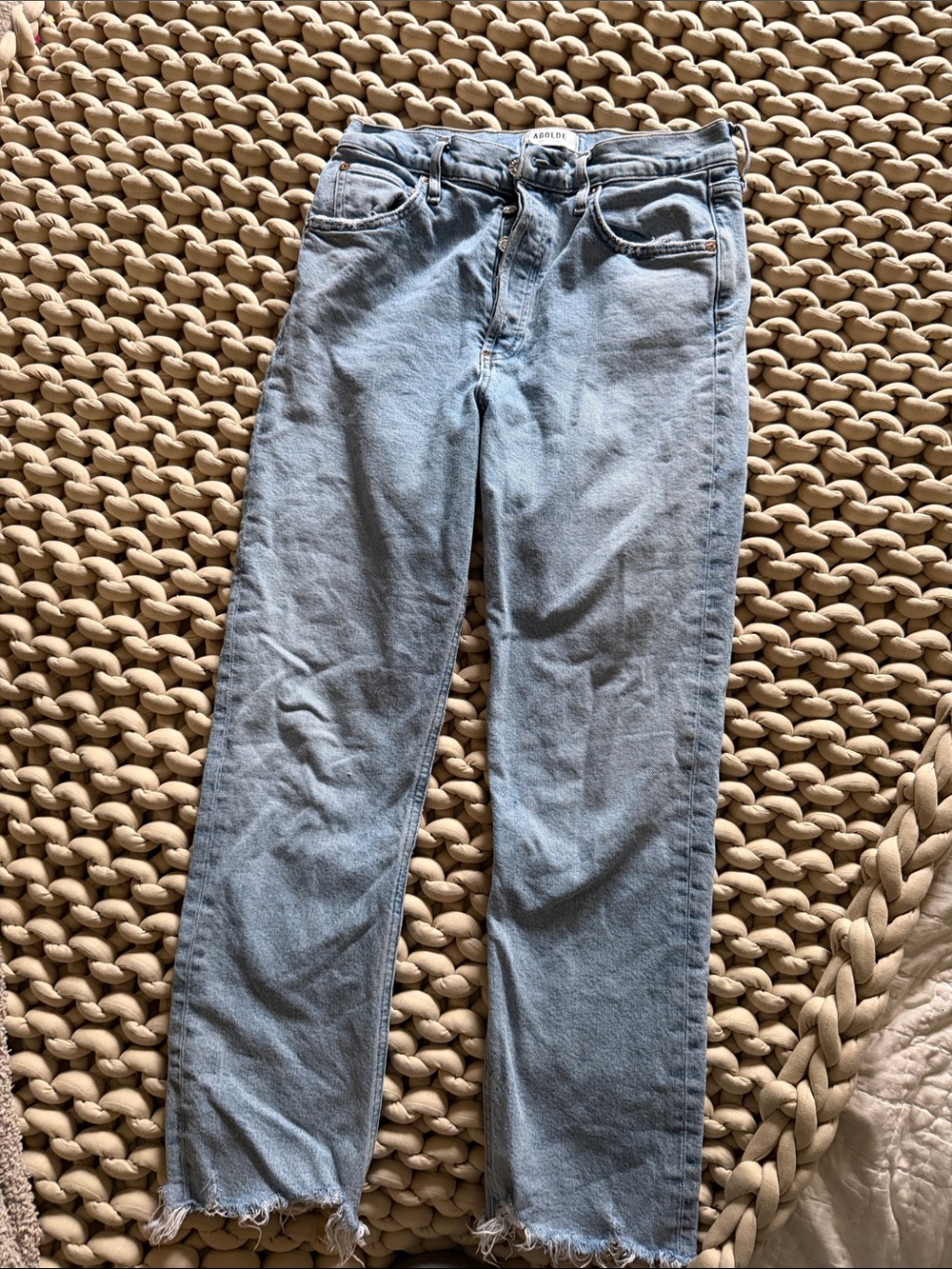 Agolde Light Blue Straight-Leg Raw Hem Jeans